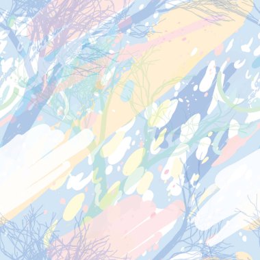 Ağaçlar, dallar, çimenler ve suluboya lekeli askeri kamuflaj dokusu.