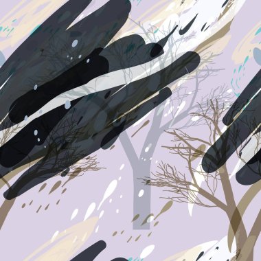 Ağaçlar, dallar, çimenler ve suluboya lekeli askeri kamuflaj dokusu.