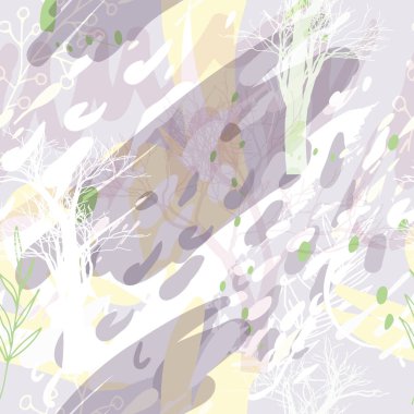 Ağaçlar, dallar, çimenler ve suluboya lekeli askeri kamuflaj dokusu.