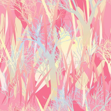 Ağaçlar, dallar, çimenler ve suluboya lekeli askeri kamuflaj dokusu.