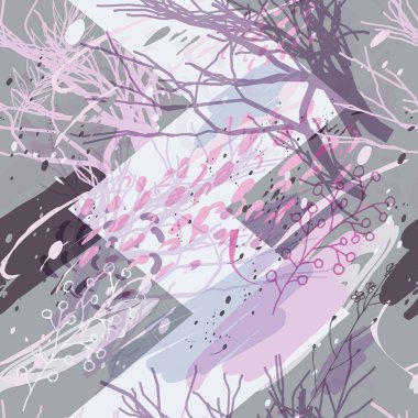 Ağaçlar, dallar, çimenler ve suluboya lekeli askeri kamuflaj dokusu.