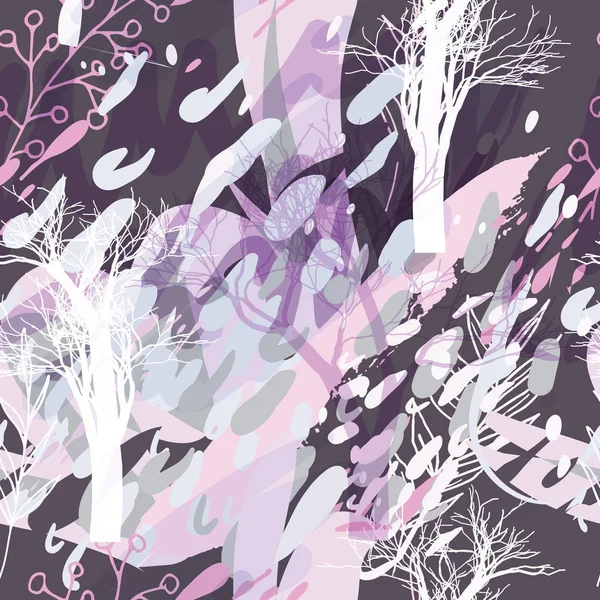 Ağaçlar, dallar, çimenler ve suluboya lekeli askeri kamuflaj dokusu.