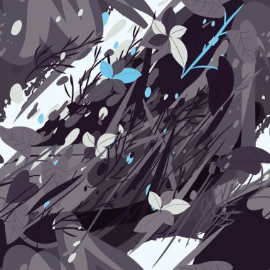 Ağaçlar, dallar, çimenler ve suluboya lekeli askeri kamuflaj dokusu.