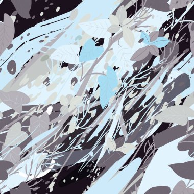 Ağaçlar, dallar, çimenler ve suluboya lekeli askeri kamuflaj dokusu.