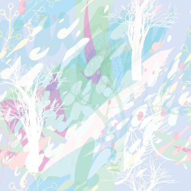 Ağaçlar, dallar, çimenler ve suluboya lekeli askeri kamuflaj dokusu.