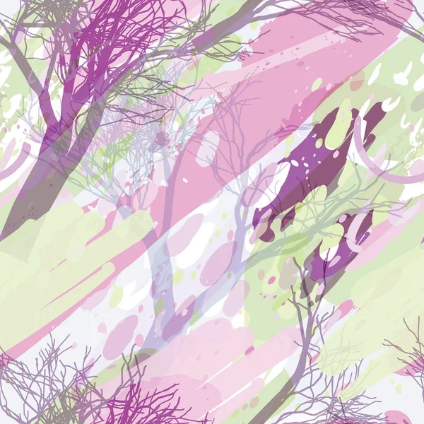 Ağaçlar, dallar, çimenler ve suluboya lekeli askeri kamuflaj dokusu.