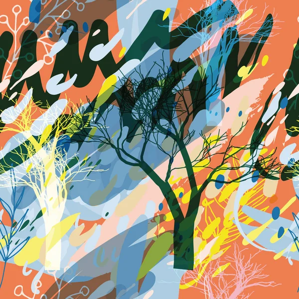 Ağaçlar, dallar, çimenler ve suluboya lekeli askeri kamuflaj dokusu.