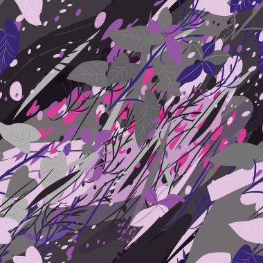 Ağaçlar, dallar, çimenler ve suluboya lekeli askeri kamuflaj dokusu.