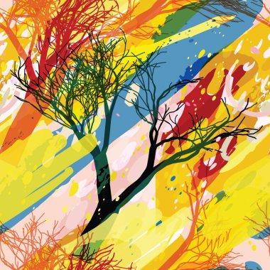 Ağaçlar, dallar, çimenler ve suluboya lekeli askeri kamuflaj dokusu.