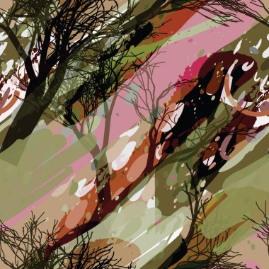 Ağaçlar, dallar, çimenler ve suluboya lekeli askeri kamuflaj dokusu.