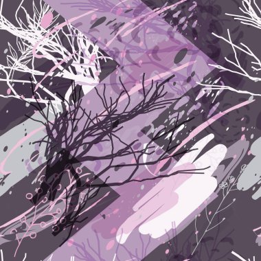 Ağaçlar, dallar, çimenler ve suluboya lekeli askeri kamuflaj dokusu.