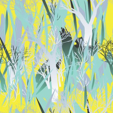 Ağaçlar, dallar, çimenler ve suluboya lekeli askeri kamuflaj dokusu.