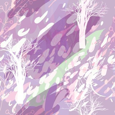 Ağaçlar, dallar, çimenler ve suluboya lekeli askeri kamuflaj dokusu.