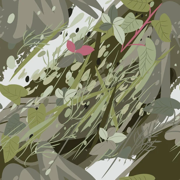 木、枝、草や水彩の汚れと軍迷彩テクスチャ — ストックベクタ