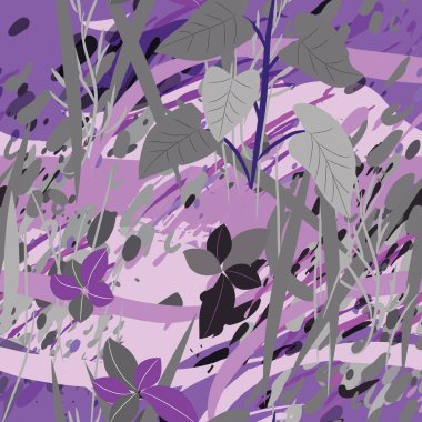 Ağaçlar, dallar, çimenler ve suluboya lekeli askeri kamuflaj dokusu.