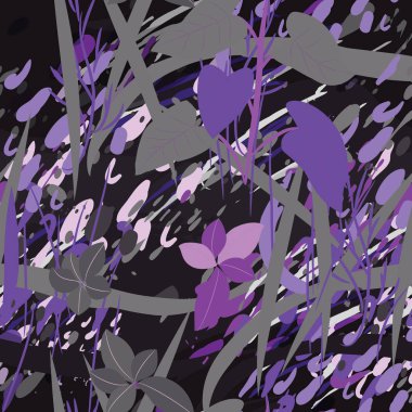 Ağaçlar, dallar, çimenler ve suluboya lekeli askeri kamuflaj dokusu.