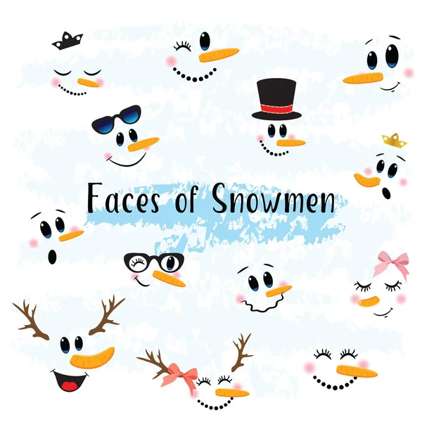 Vector Collection of Hand drawn Cute Snowman Faces — Stock Vector