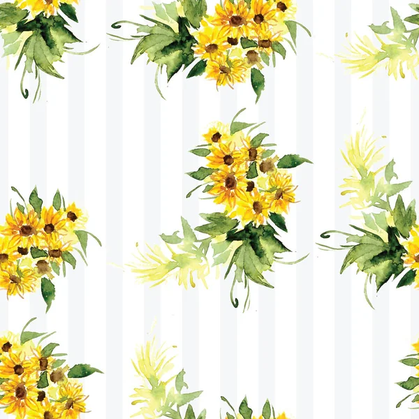 水彩で描かれたひまわりの咲く黄色い花のパターン — ストック写真