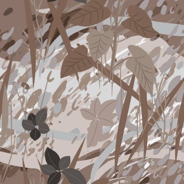 Ağaçlar, dallar, çimenler ve suluboya lekeli askeri kamuflaj dokusu.