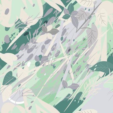 Ağaçlar, dallar, çimenler ve suluboya lekeli askeri kamuflaj dokusu.