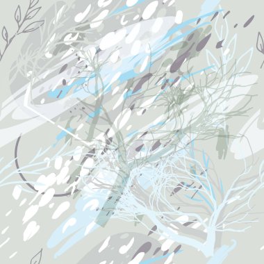 Ağaçlar, dallar, çimenler ve suluboya lekeli askeri kamuflaj dokusu.