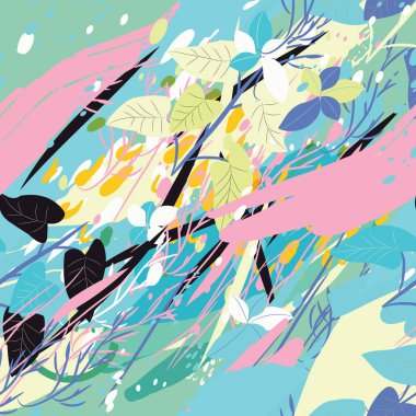 Ağaçlar, dallar, çimenler ve suluboya lekeli askeri kamuflaj dokusu.