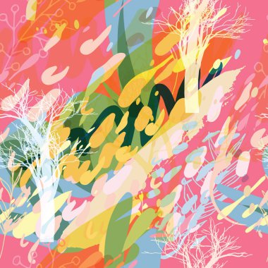 Ağaçlar, dallar, çimenler ve suluboya lekeli askeri kamuflaj dokusu. Vektör çizimi. Askeri geçmişi modern tarzda kamufle etmek..