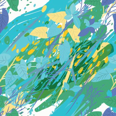 Ağaçlar, dallar, çimenler ve suluboya lekeli askeri kamuflaj dokusu.