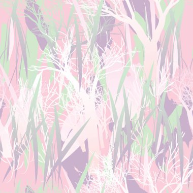 Ağaçlar, dallar, çimenler ve suluboya lekeli askeri kamuflaj dokusu.