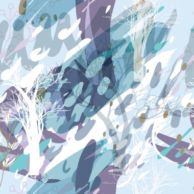 Ağaçlar, dallar, çimenler ve suluboya lekeli askeri kamuflaj dokusu.