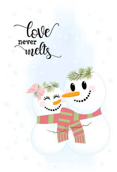 Ilustración de dos muñecos de nieve lindos Love Never Melts — Archivo Imágenes Vectoriales