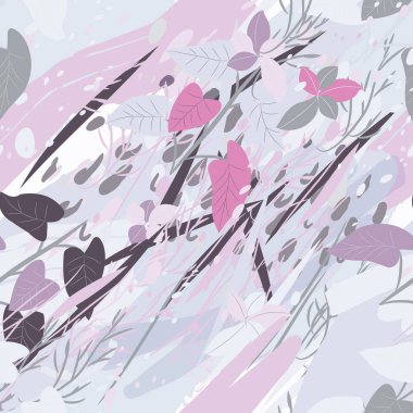 Ağaçlar, dallar, çimenler ve suluboya lekeli askeri kamuflaj dokusu.