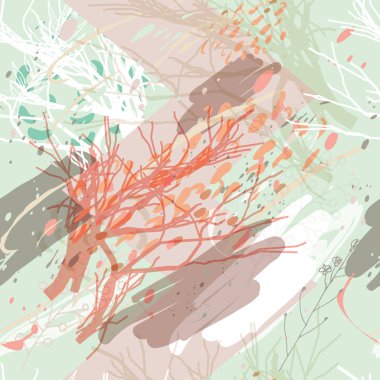 Ağaçlar, dallar, çimenler ve suluboya lekeli askeri kamuflaj dokusu.