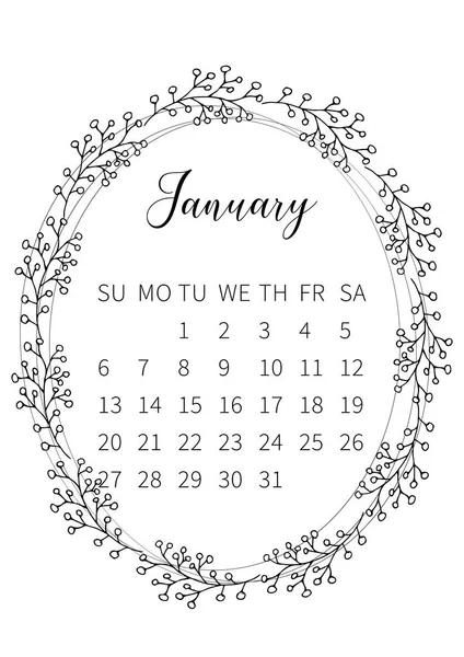 Calendario 2019 con coronas románticas de temporada dibujadas a mano — Vector de stock