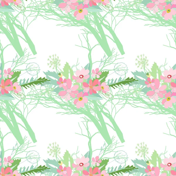 Nahtloses Muster mit Sommerblumen und Blättern auf weißem Hintergrund — Stockfoto