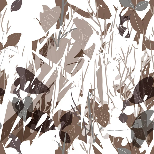 带有树木、树枝、草地和水彩斑斑的军事伪装纹理 — 图库矢量图片