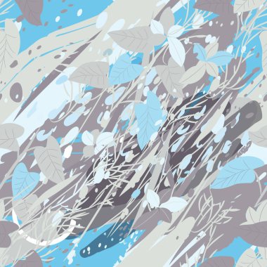 Ağaçlar, dallar, çimenler ve suluboya lekeli askeri kamuflaj dokusu.