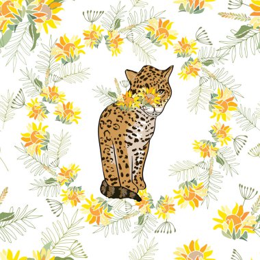 Çiçekler ve hayvanlarla geçmişe dönük illüstrasyon