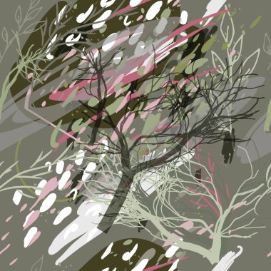 Ağaçlar, dallar, çimenler ve suluboya lekeli askeri kamuflaj dokusu.