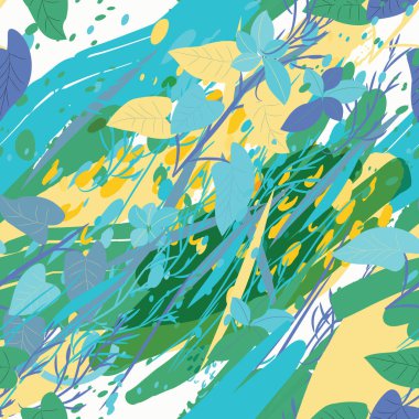 Ağaçlar, dallar, çimenler ve suluboya lekeli askeri kamuflaj dokusu.