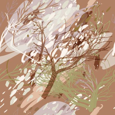 Ağaçlar, dallar, çimenler ve suluboya lekeli askeri kamuflaj dokusu.