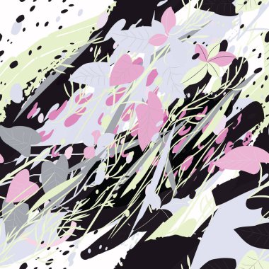 Ağaçlar, dallar, çimenler ve suluboya lekeli askeri kamuflaj dokusu.