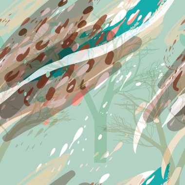 Ağaçlar, dallar, çimenler ve suluboya lekeli askeri kamuflaj dokusu.