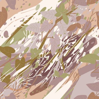 Ağaçlar, dallar, çimenler ve suluboya lekeli askeri kamuflaj dokusu.