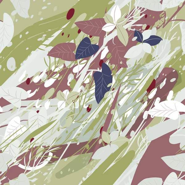 Texture militare mimetica con alberi, rami, erba e macchie di acquerello — Vettoriale Stock