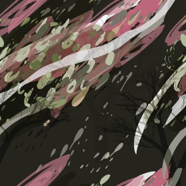 Ağaçlar, dallar, çimenler ve suluboya lekeli askeri kamuflaj dokusu.