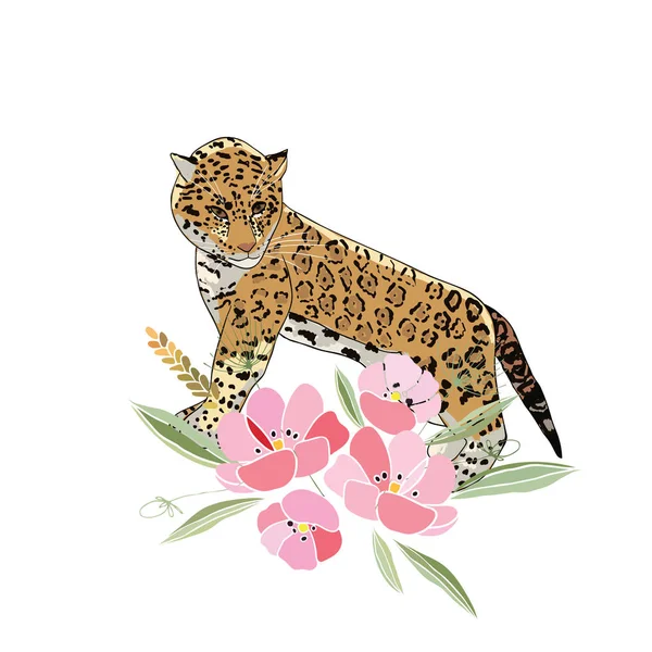 Retro style Illustration with flowers and animal — Stock Photo, Image