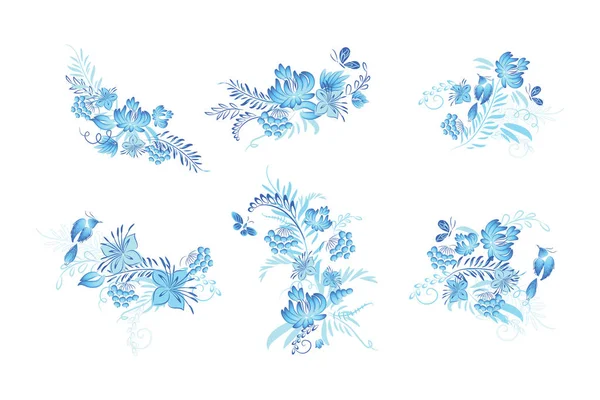 Uppsättning av blå blommor och fågel — Stockfoto