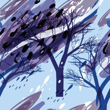 Ağaçlar, dallar, çimenler ve suluboya lekeli askeri kamuflaj dokusu.