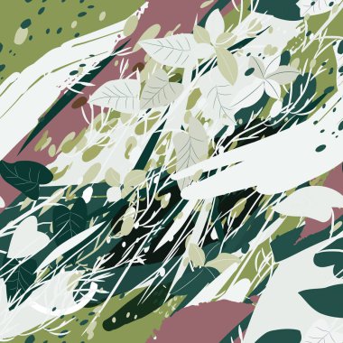 Ağaçlar, dallar, çimenler ve suluboya lekeli askeri kamuflaj dokusu.